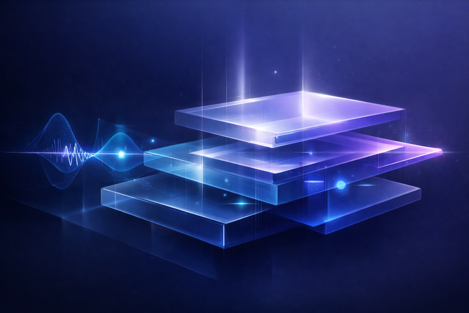 Abstract visualization of layered voice AI architecture converting live conversations into structured CRM intelligence and automated actions.